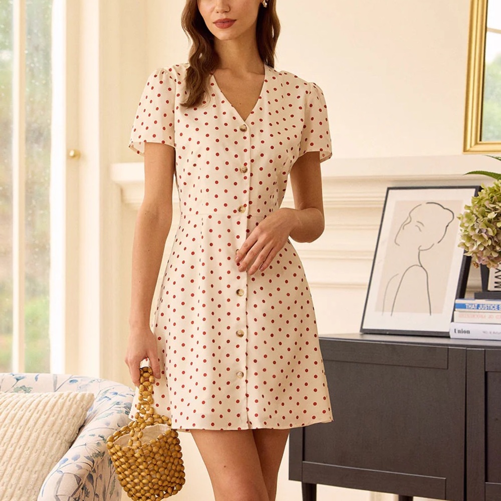 RIHOAS Cream and Red Polka Dot Mini Dress
